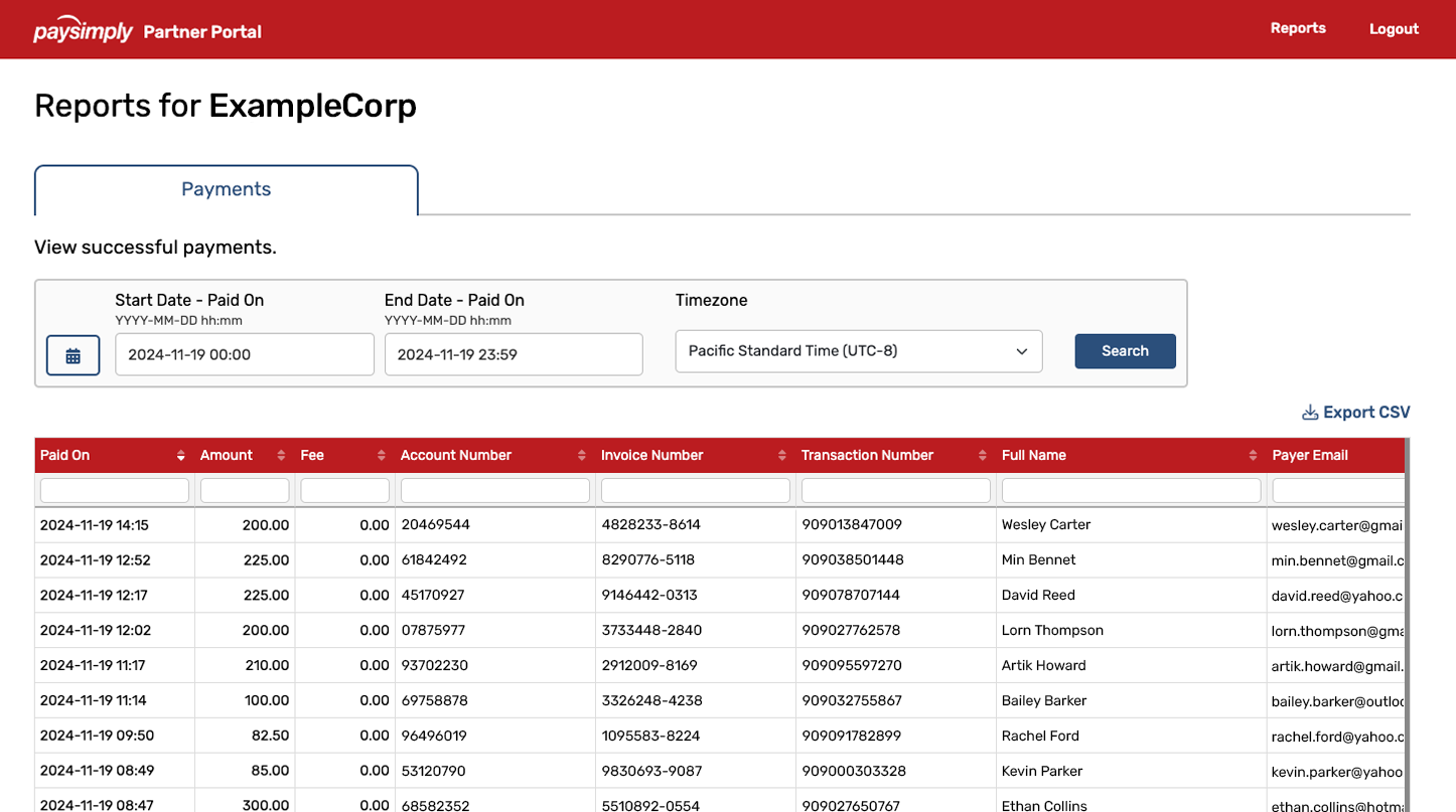 PaySimply Partner Portal - payments report page