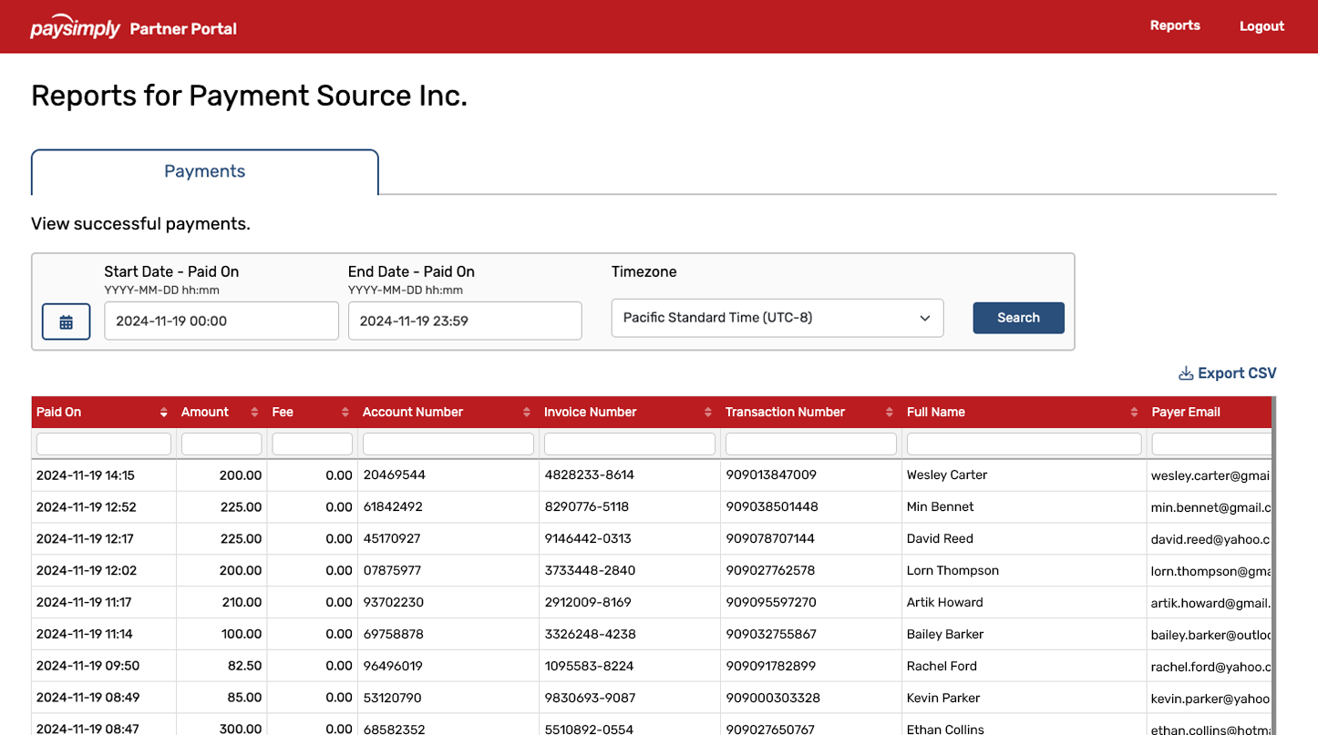 PaySimply Partner Portal - payments report page