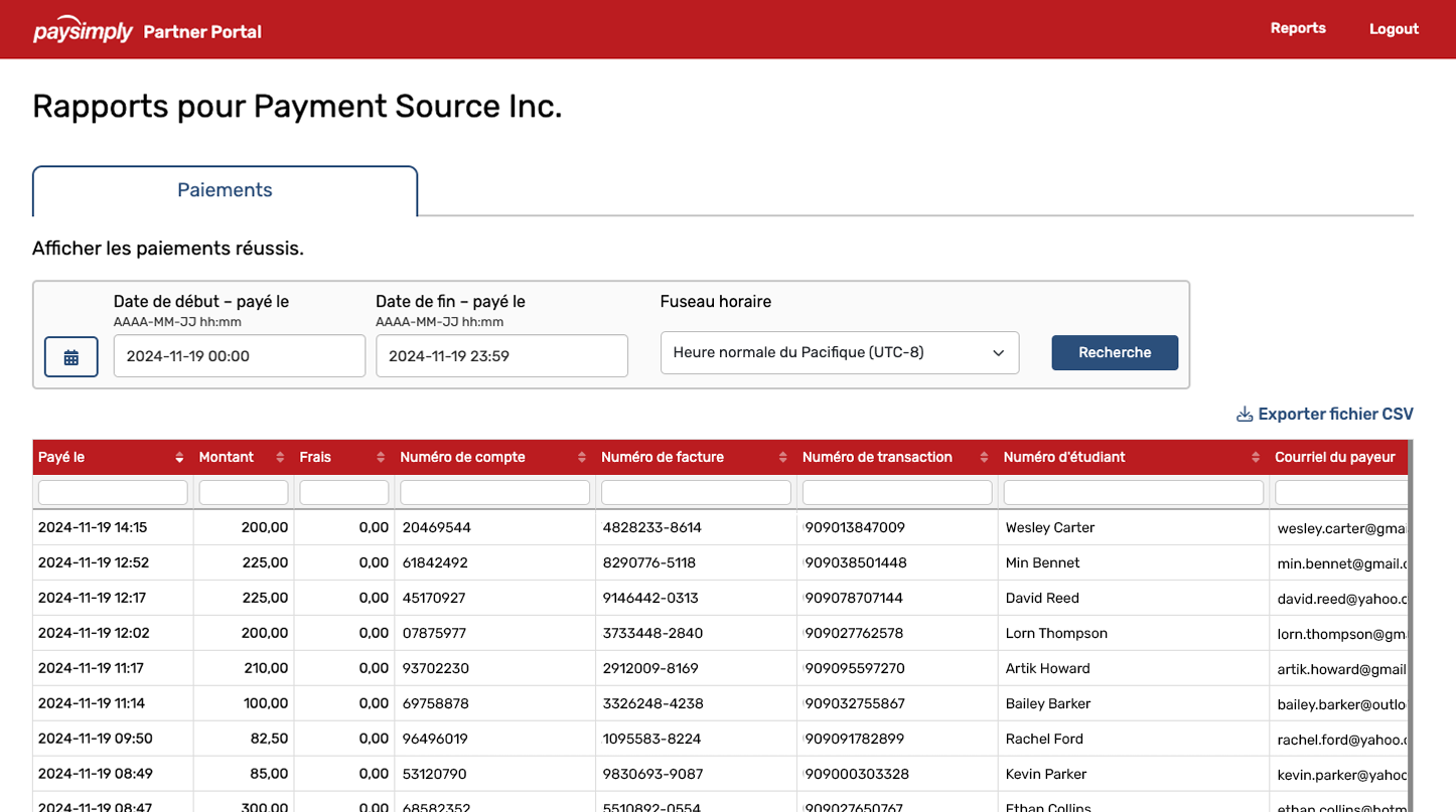 Portail des partenaires PaySimply : page de rapport des paiements
