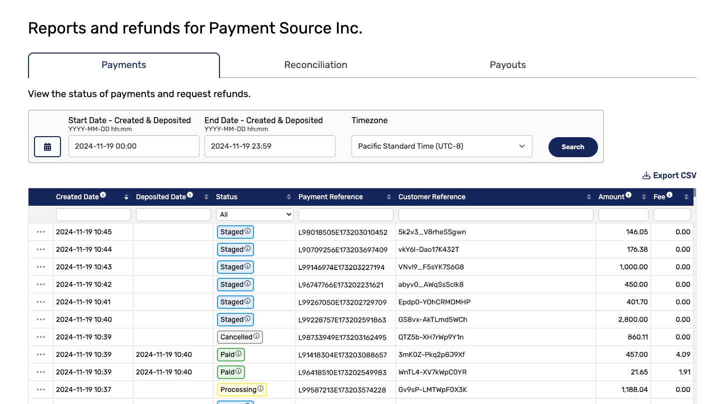 DirectPay Partner Portal - payments report page