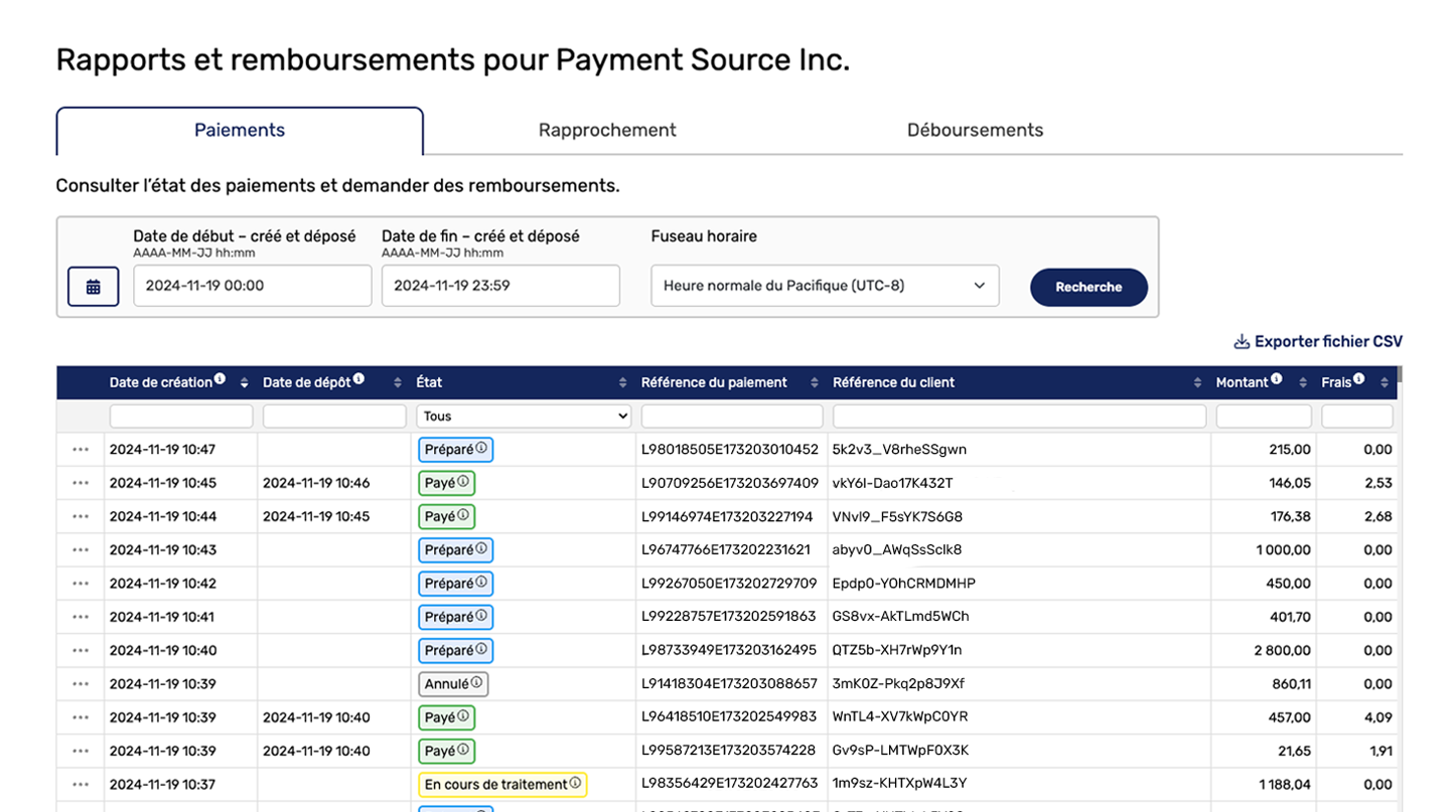 Portail des partenaires DirectPay : page de rapport des paiements