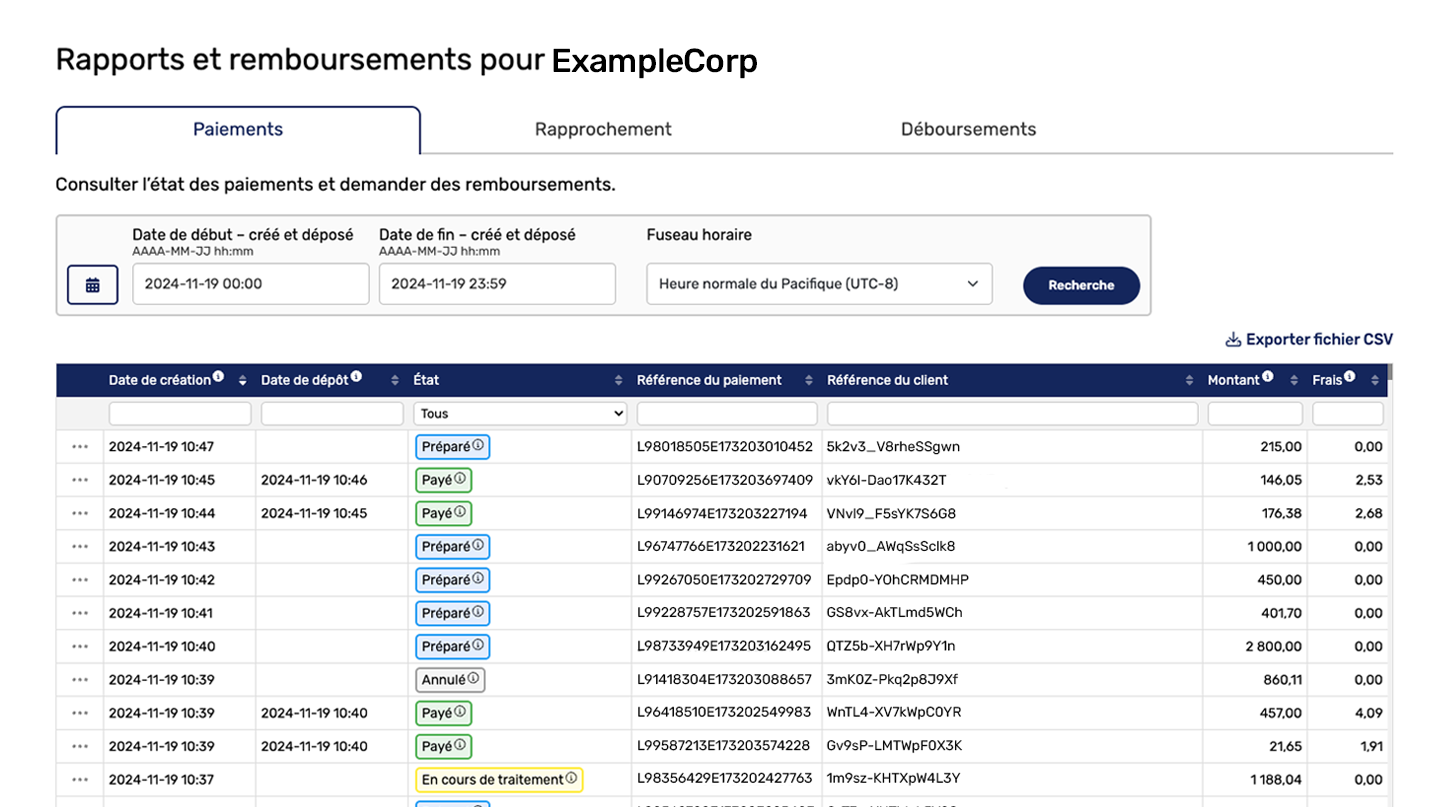 Portail des partenaires DirectPay : page de rapport des paiements