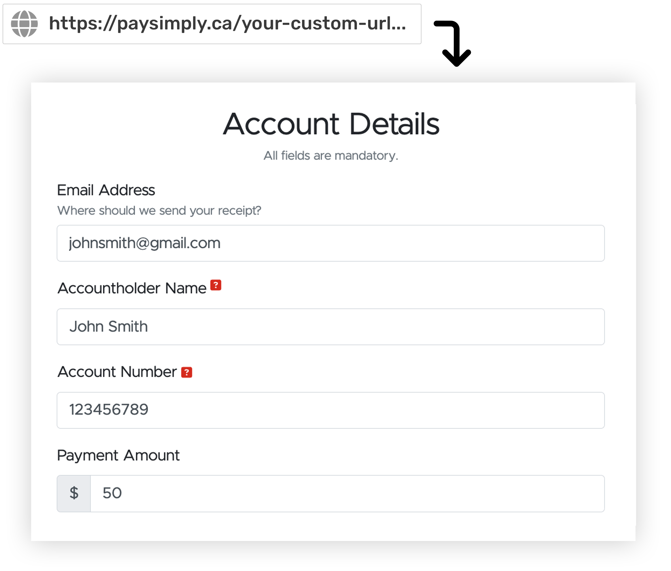 Smart Payment Link example - URL bar with a Smart Payment Link and arriving on PaySimply with pre-filled information