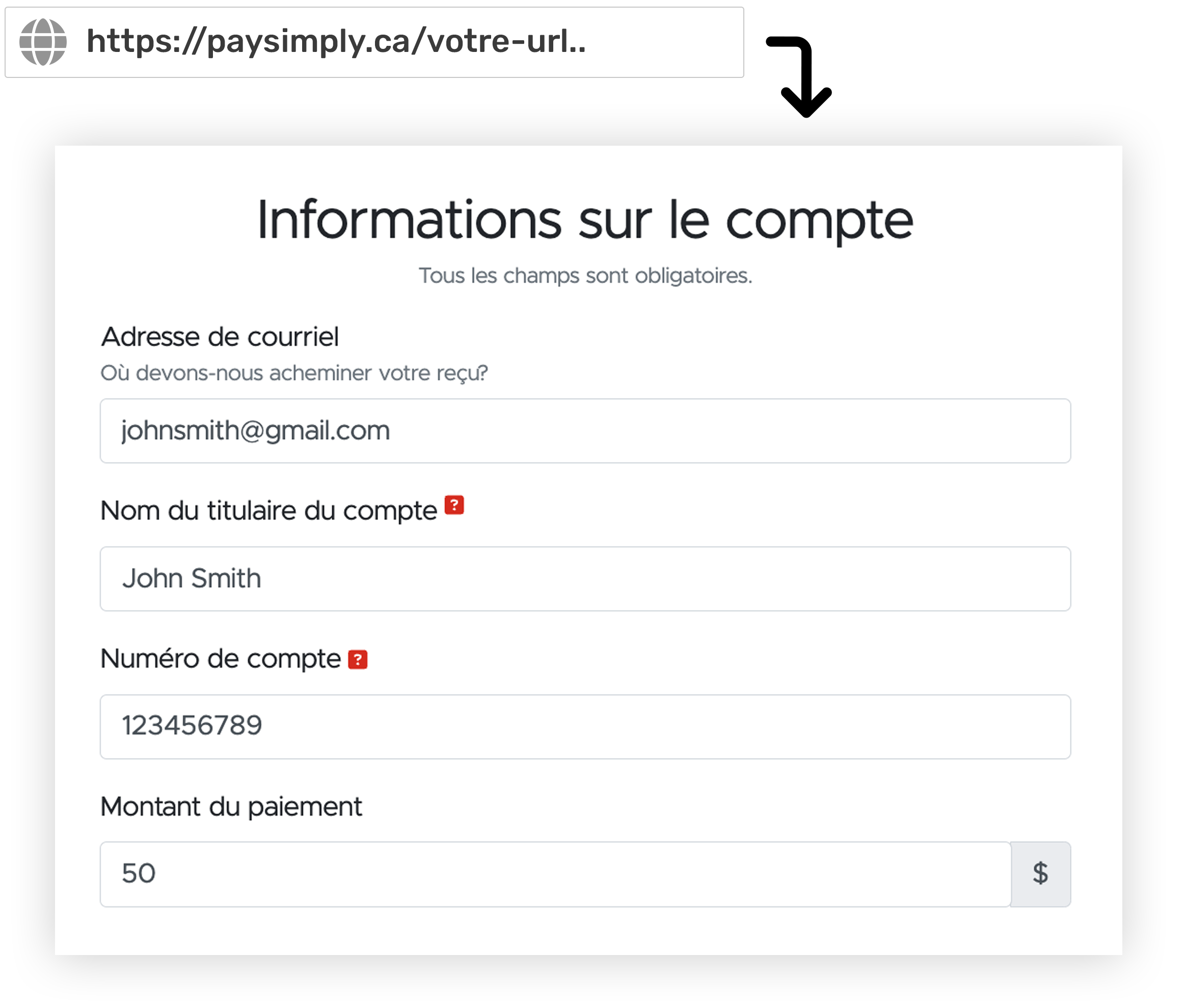 Exemple de lien de paiement intelligent : une barre d'adresse avec un lien de paiement intelligent qui arrive sur PaySimply avec des coordonnées préremplies